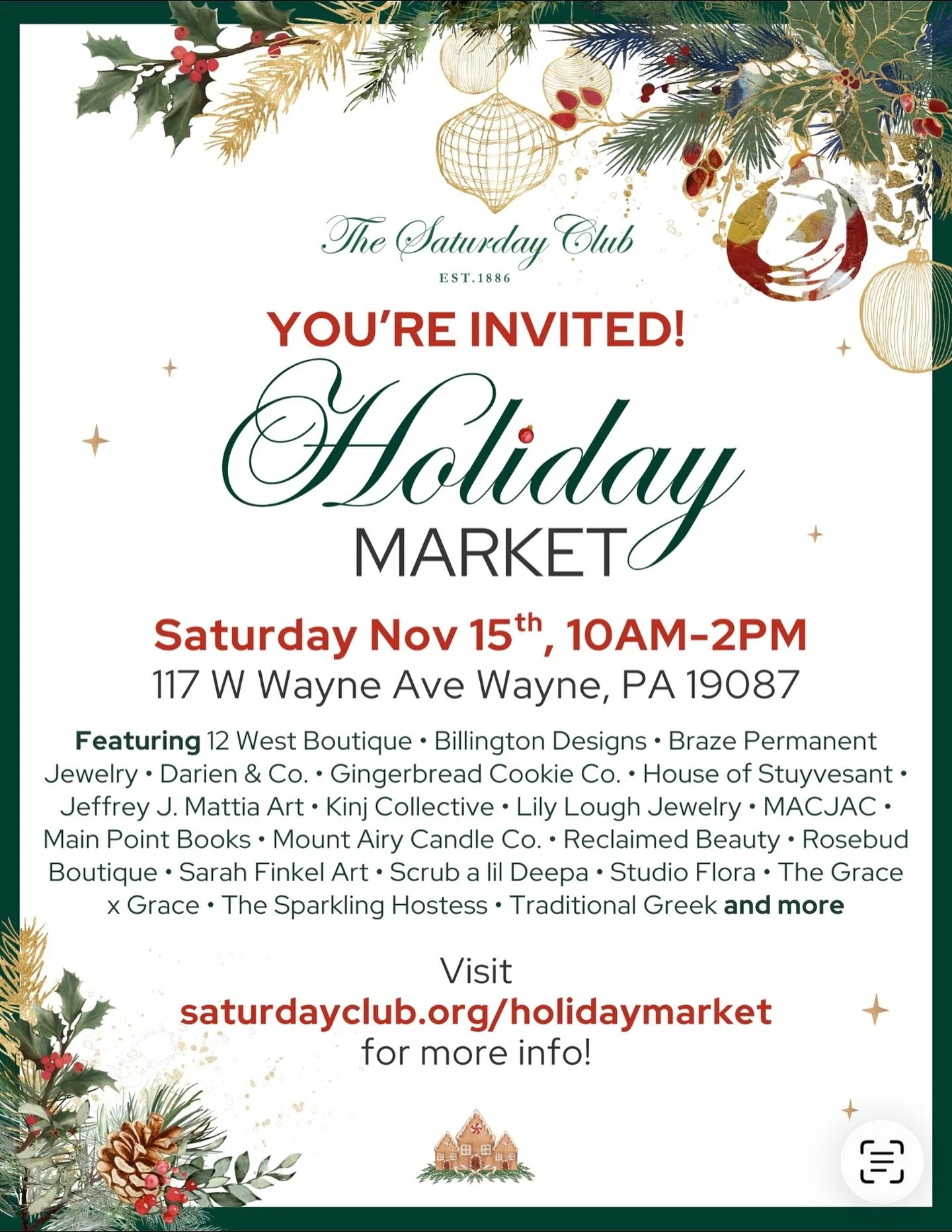 Come hang out with me this Saturday at the Holiday Market of the season at @thesaturdayclub_19087 ! I'll have loads of ornaments, small original artwork, stationery sets, and prints - perfect for gifting (or treating yourself ;) 
There will be a ton 