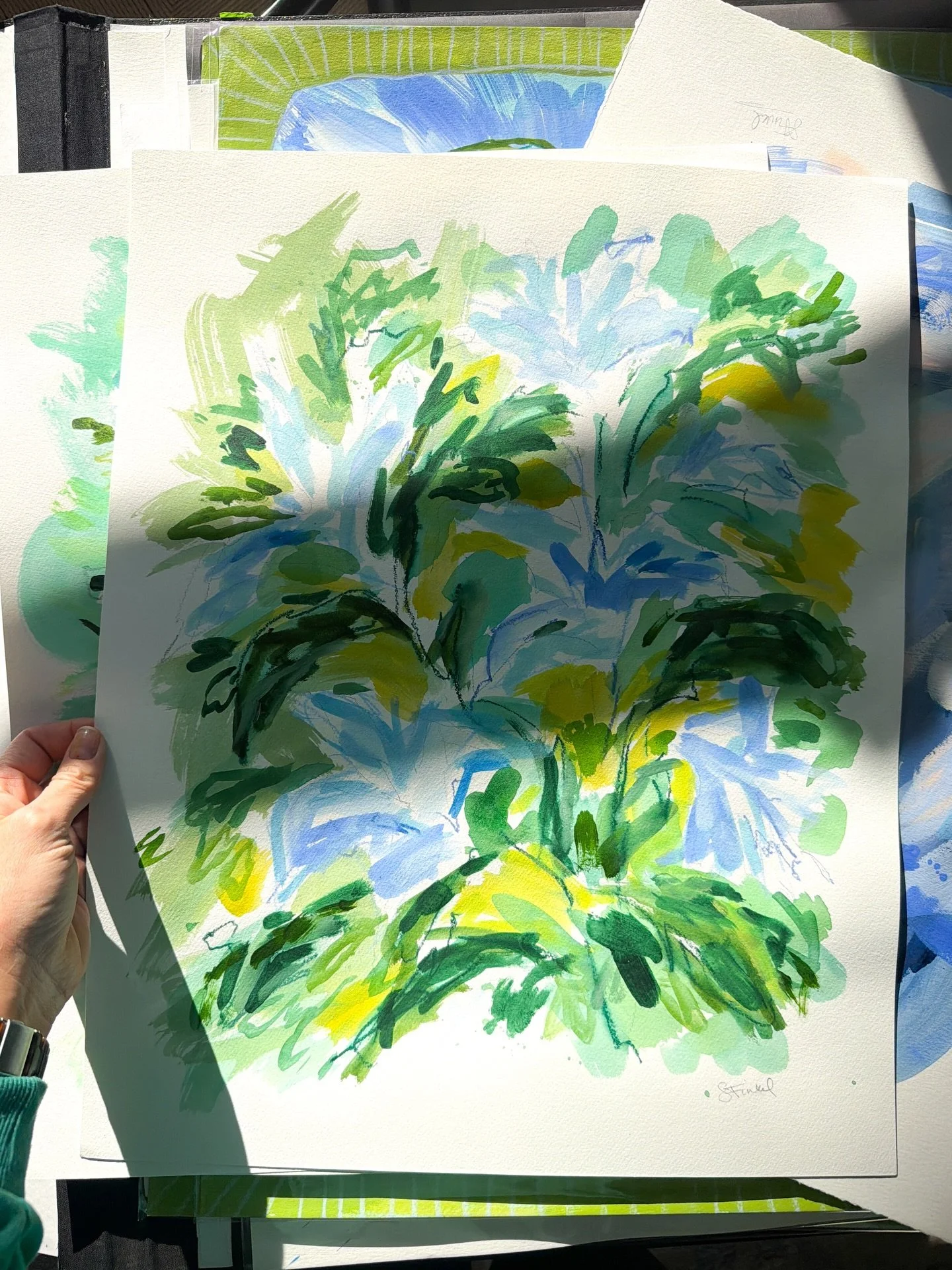 Spring is coming. I saw daffodils pushing up this morning on my walk. Soon friends! Palm Royale I &amp; II, mixed media on paper, available now. Link in bio for all original art 💚