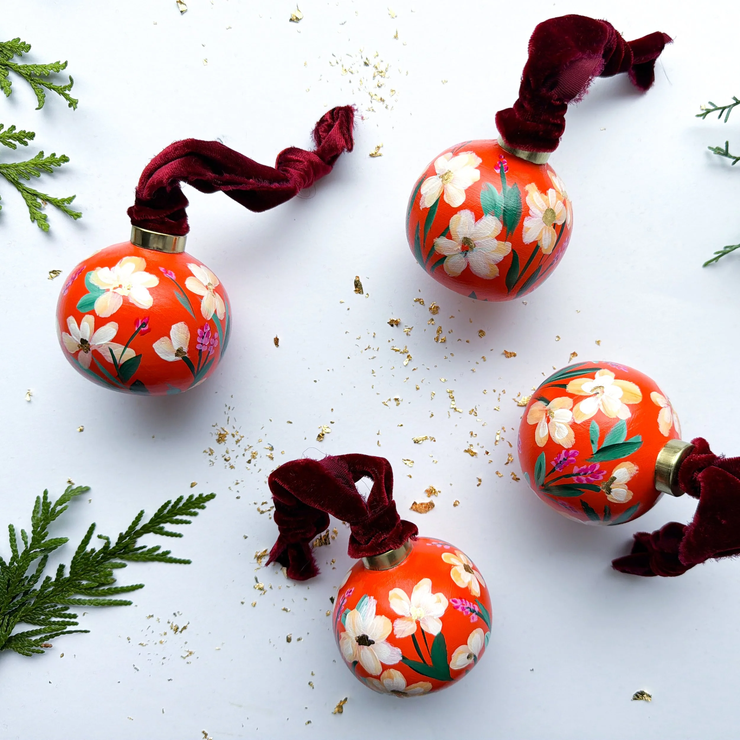 Red Floral (Round Shape) Holiday Ornaments