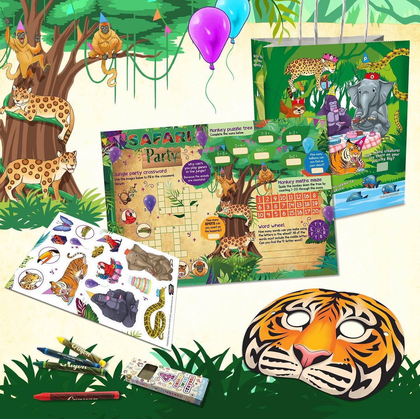 Our off-the-shelf party in the jungle activity packs encourage creativity and feed a child imagination. Each pack contains a double sided activity sheet of your choice, a tiger mask, stickers &amp; crayons - perfect to entertain children when sat at 