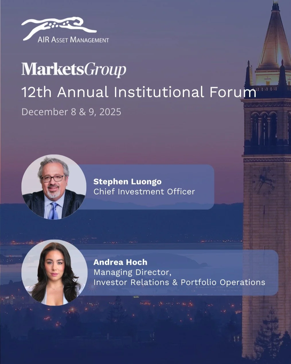 Today, @airassetmanagement is pleased to participate in the 12th Annual Northern California Institutional Forum, hosted by @markets_group.

Our Chief Investment Officer, Stephen J Luongo, and Managing Director of Investor Relations &amp; Portfolio Op