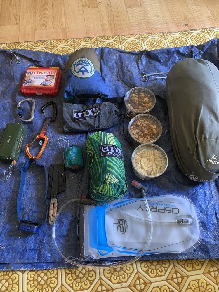 My weekend pack configuration. Carabiners are for hanging a lantern in the hammock shelter.