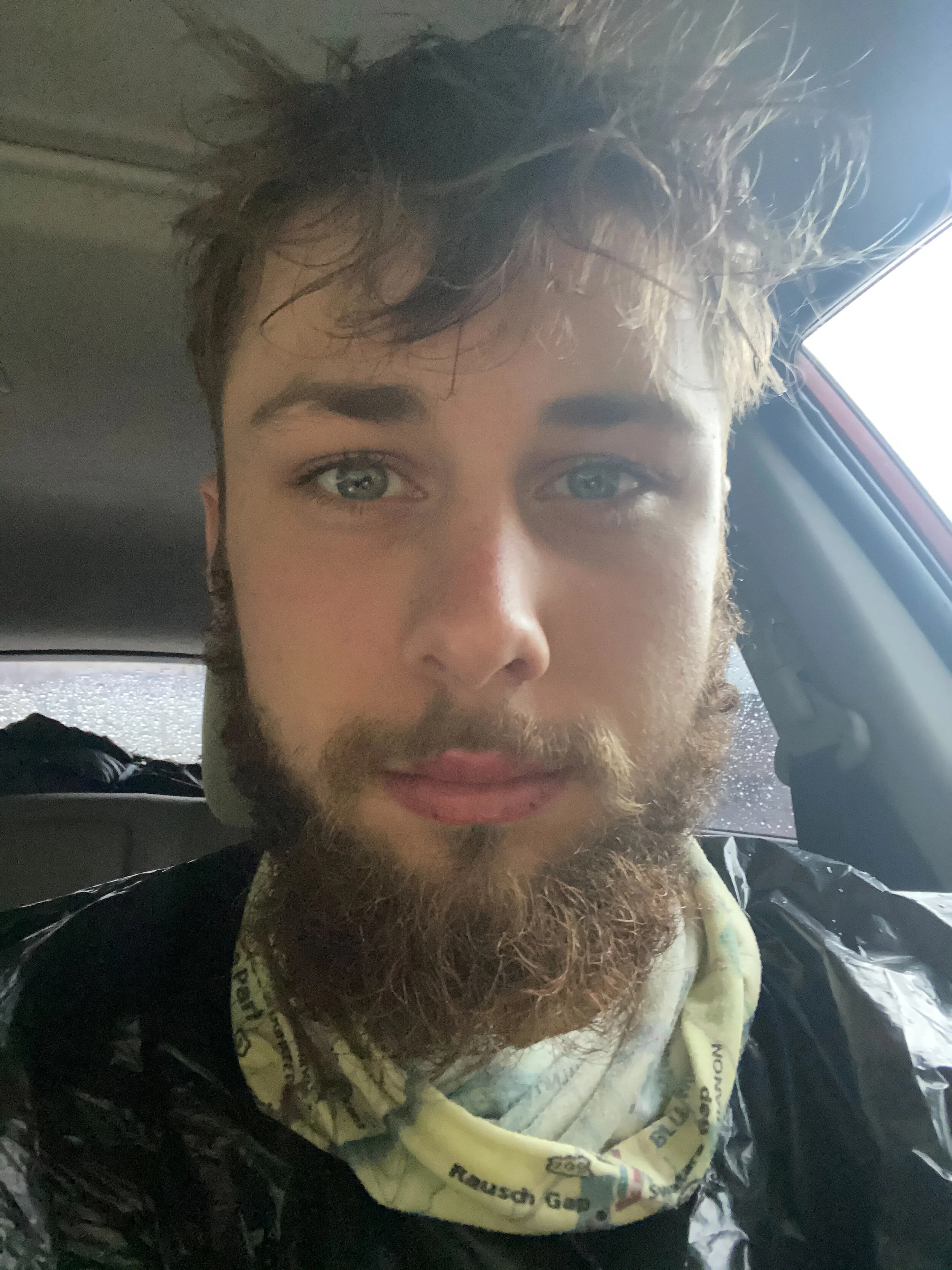 Back at the car.  Unfortunately, it was raining too much for me to take a terminus photo.  Peep the trash bag rain coat.