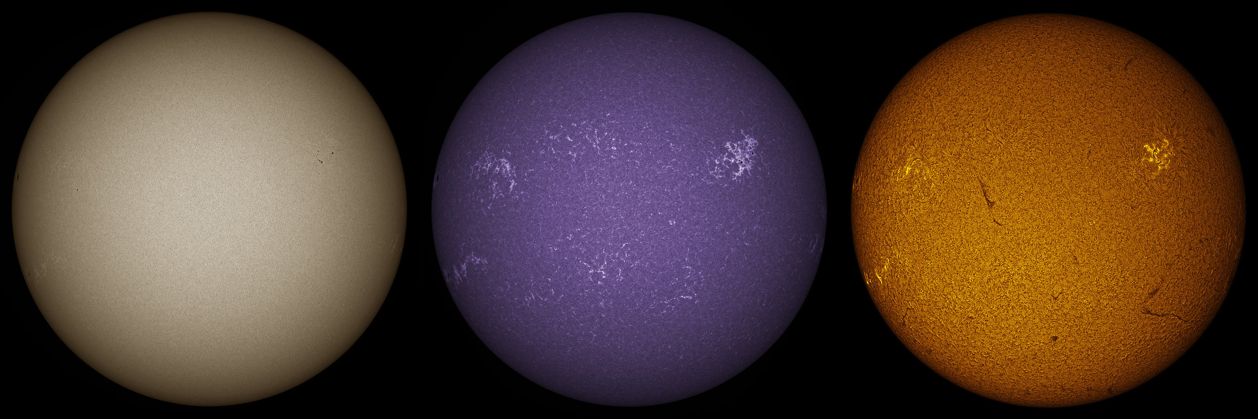 The Sun in visible White Light, Calcium-K, and Hydrogen-Alpha, taken by Pedro Ré