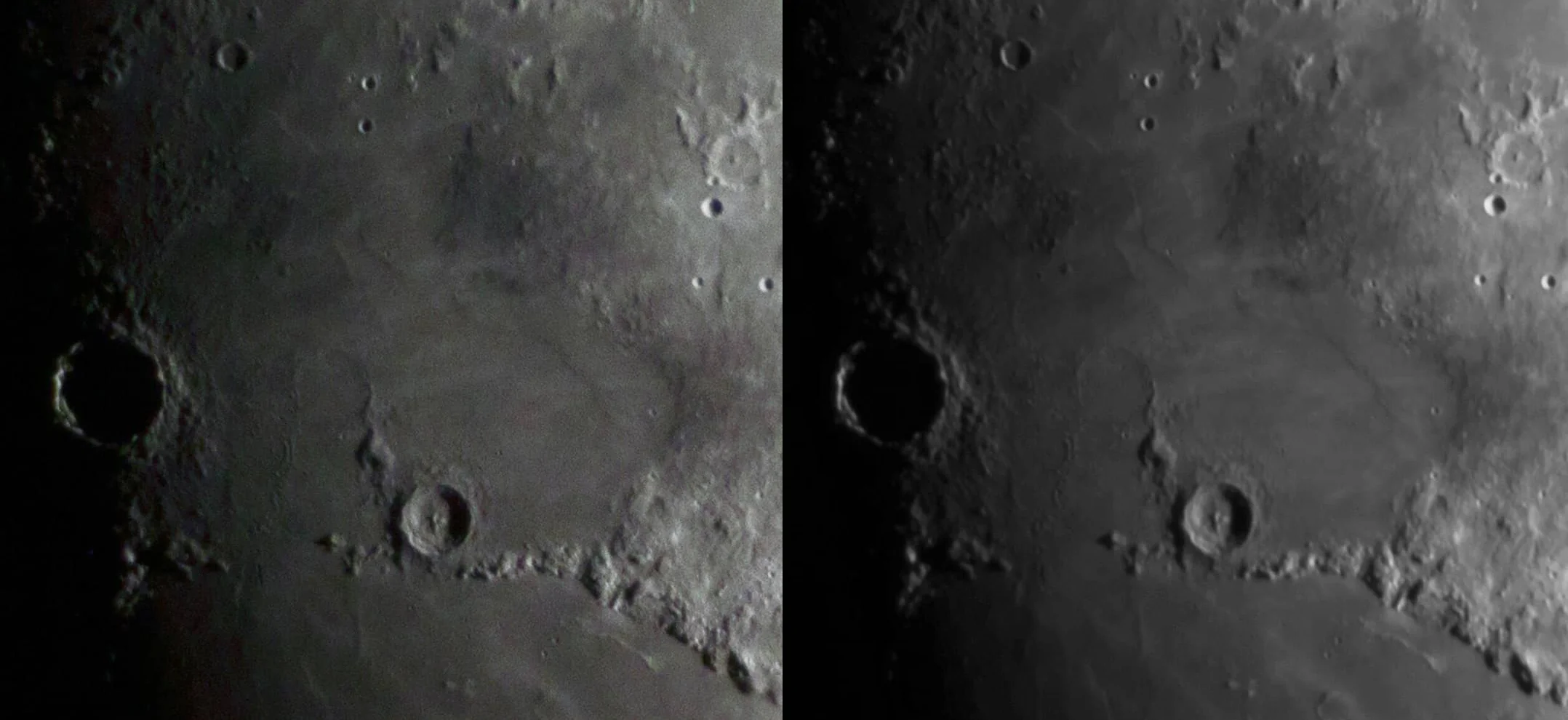 Single image (left) compared to 500 images stacked (right)