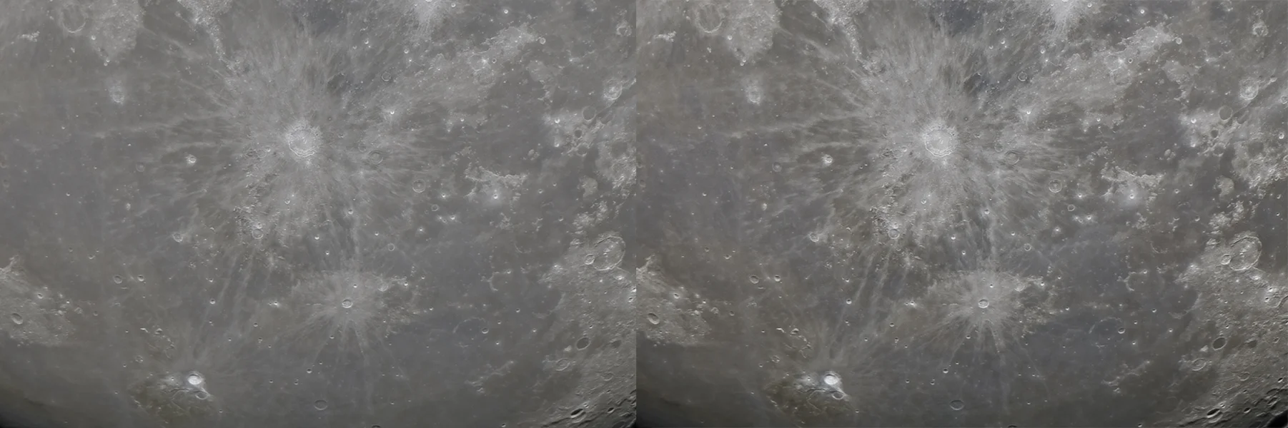 Craters Copernicus (upper) and Kepler (lower), before and after an increase in large-scale contrast