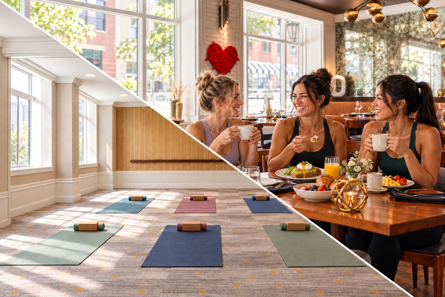 Women having brunch and yoga mats in the meeting space