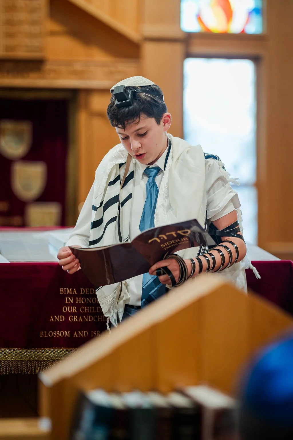 Young boy dressed in religious attire, reading from a book in a synagogue with arched windows and Hebrew text on a draped cloth in the background.