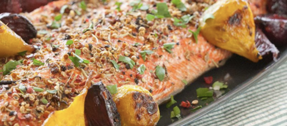 Spice-Crusted Roast Salmon with Ginger Beets