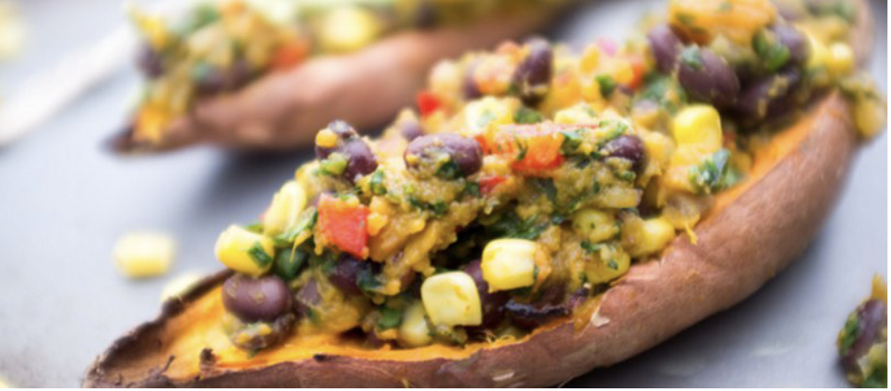 Black Bean Stuffed Sweet Potatoes with Avocado Dip