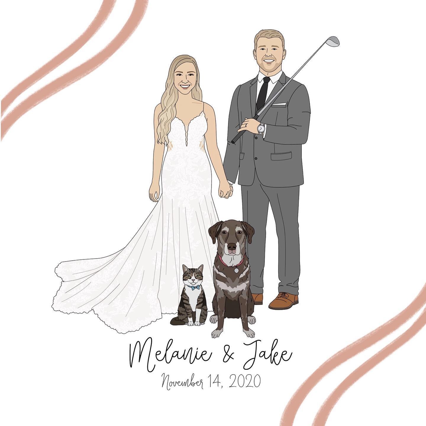 I have been wanting to share this illustration with you all for SO long, but I obviously needed to wait until after their wedding so this could remain a surprise for their guests. But as soon as Melanie filled out her reference form with photos of th