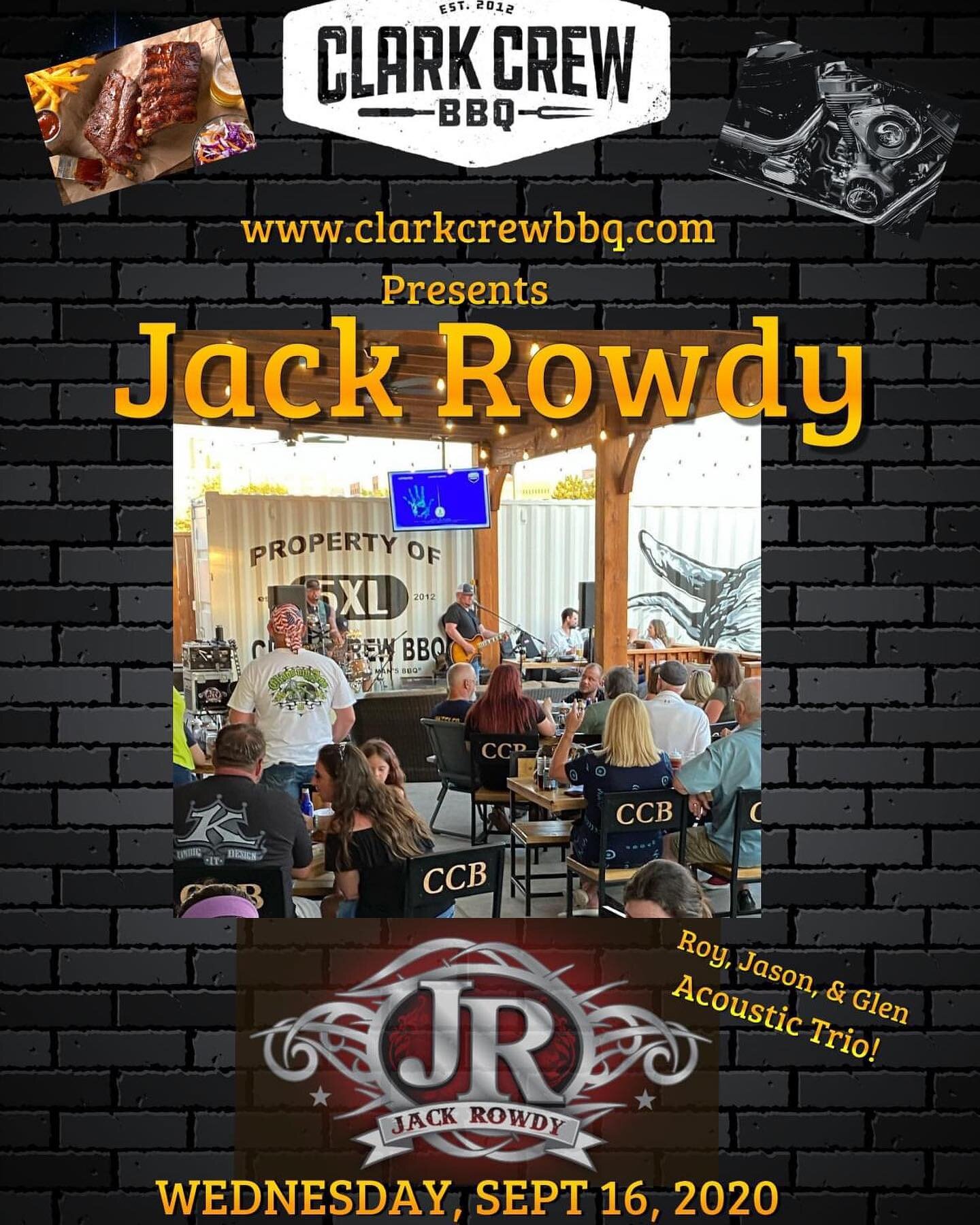 Jack Rowdy Band is back!!! This Wednesday night on the patio! We are gonna have some food and drink specials.....this is gonna be fun!
.
.
.
#bikenight #clarkcrewbbq #eatlocal #bbq #eatokc  #beef #local #foodie #livemusic #curbside #togo #barbecue #m