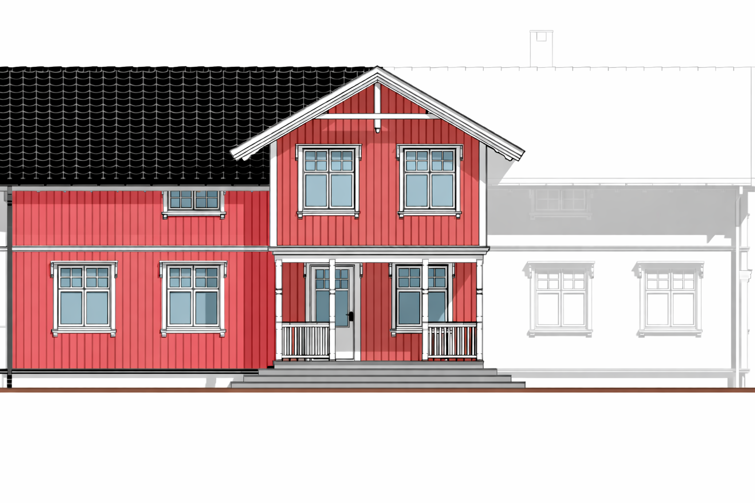 Byggesøknad for tilbygg (rødt). Byggesak