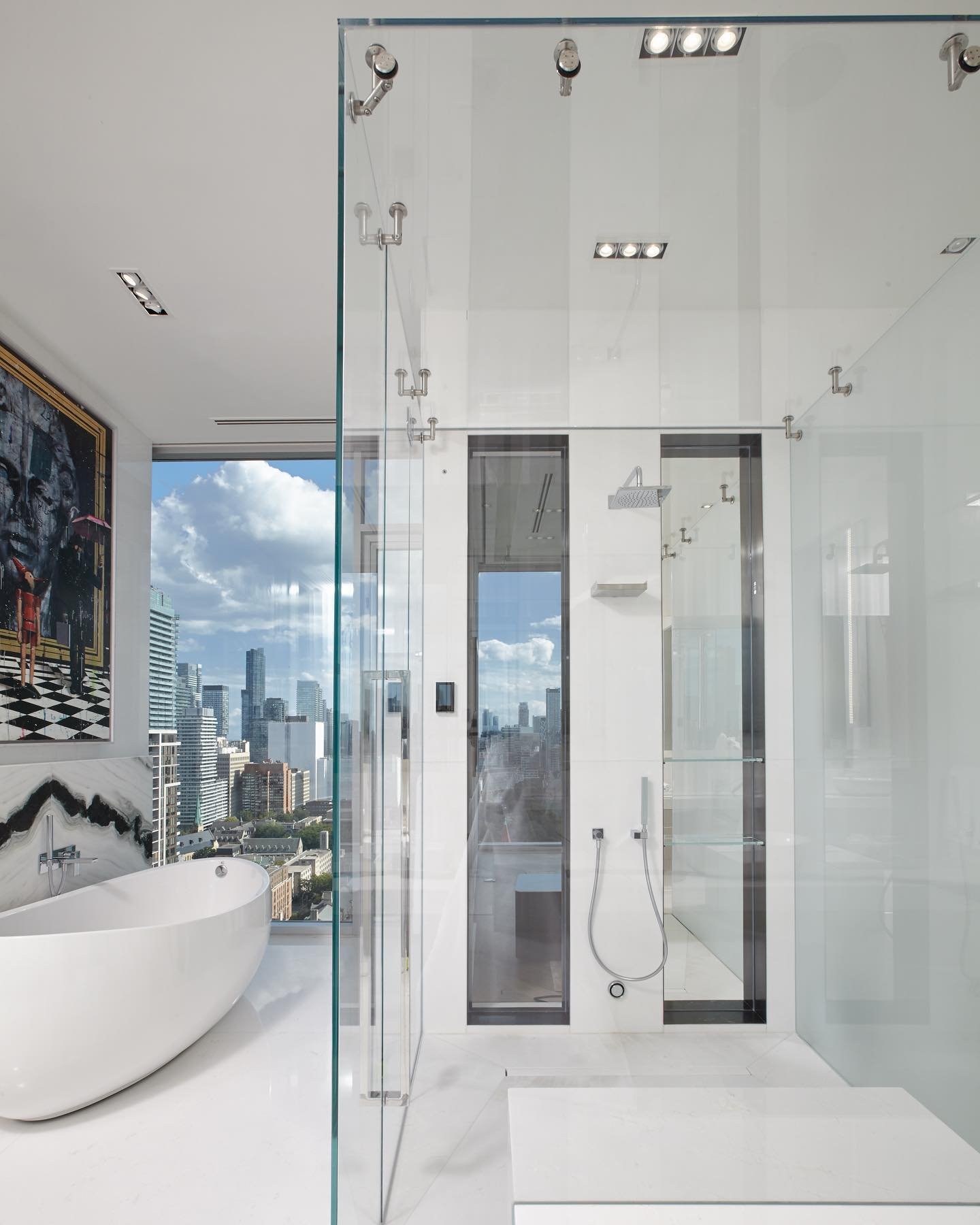 Planning and Logistics are two of the most important processes in our business. This shower involved ordering custom Starphire glass prior to any stone slabs being installed. All marble slab installation was executed to millimetre precision from draw