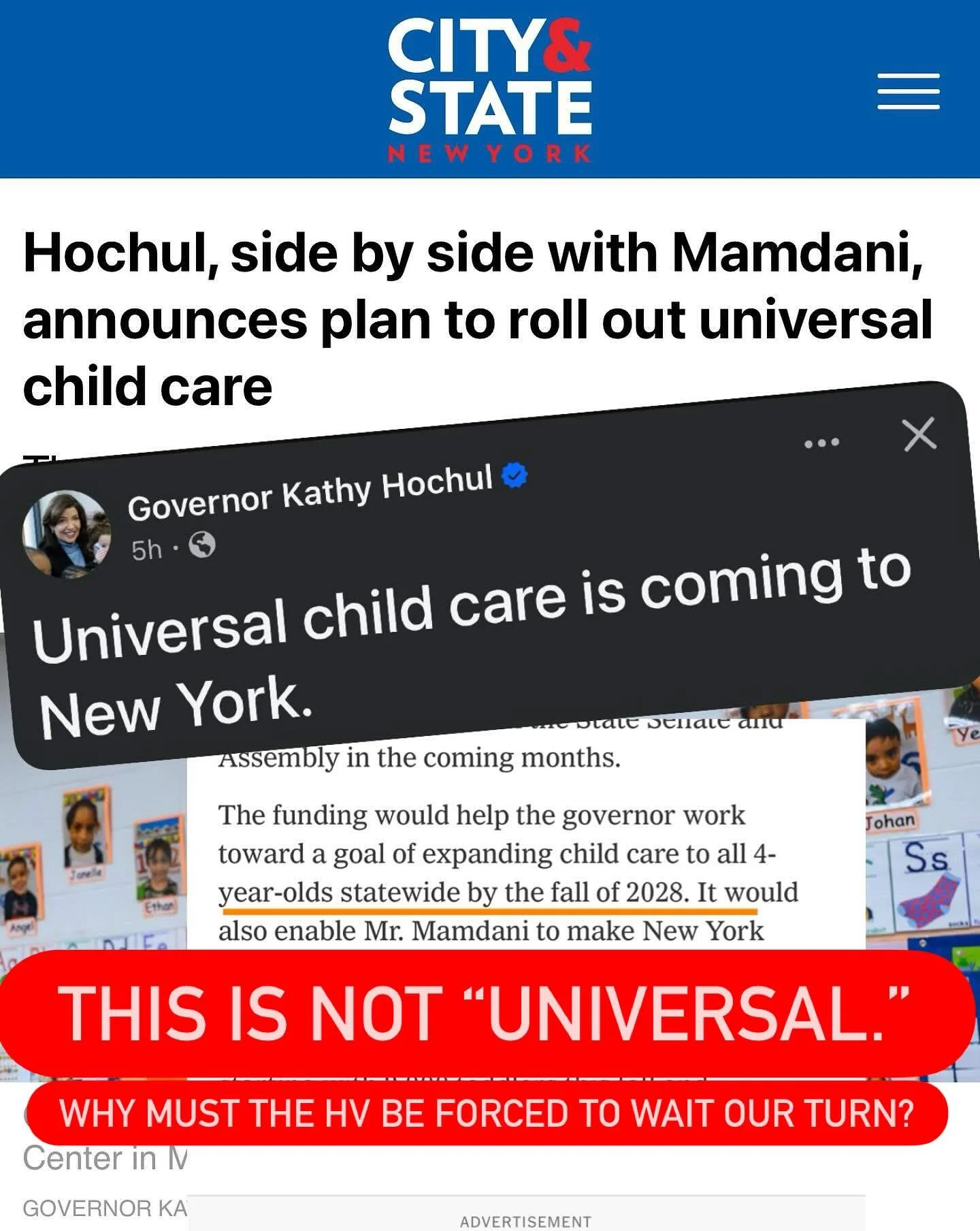 Universal child care is the right idea. I&rsquo;ve supported it for years.

But this isn&rsquo;t universal.

NYC gets free child care for 2-year-olds. The Hudson Valley gets told to wait. Again.

Childcare here costs more than SUNY tuition and is eve