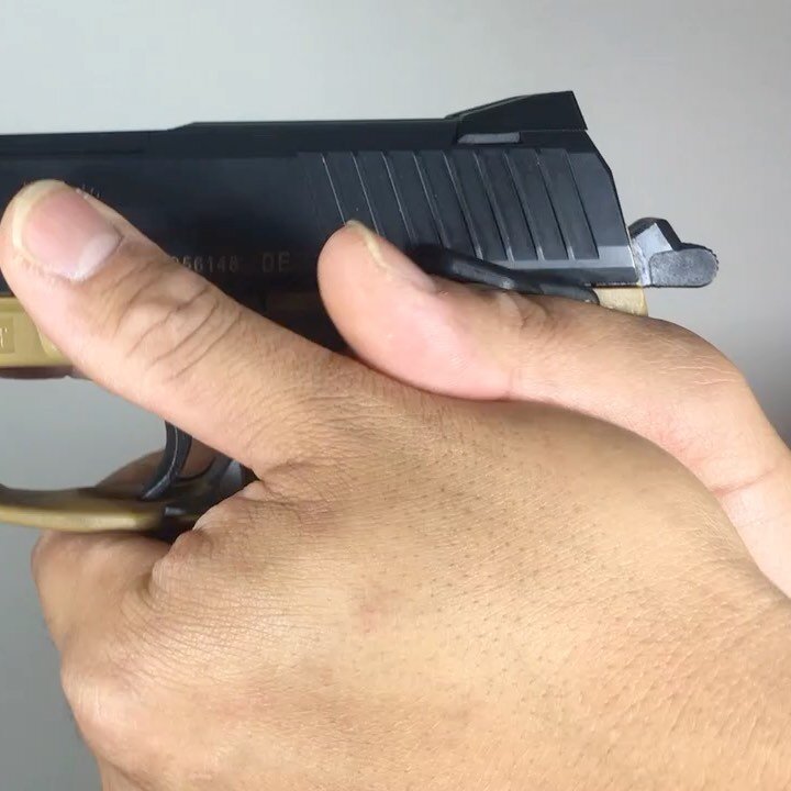 The operation of a de-cocking lever on a DOUBLE-ACTION semi-automatic handgun. Sometimes the de-cocking lever doubles as a manual safety! A de-cocking function allows you to lower the hammer safely without having to depress the trigger when the gun i