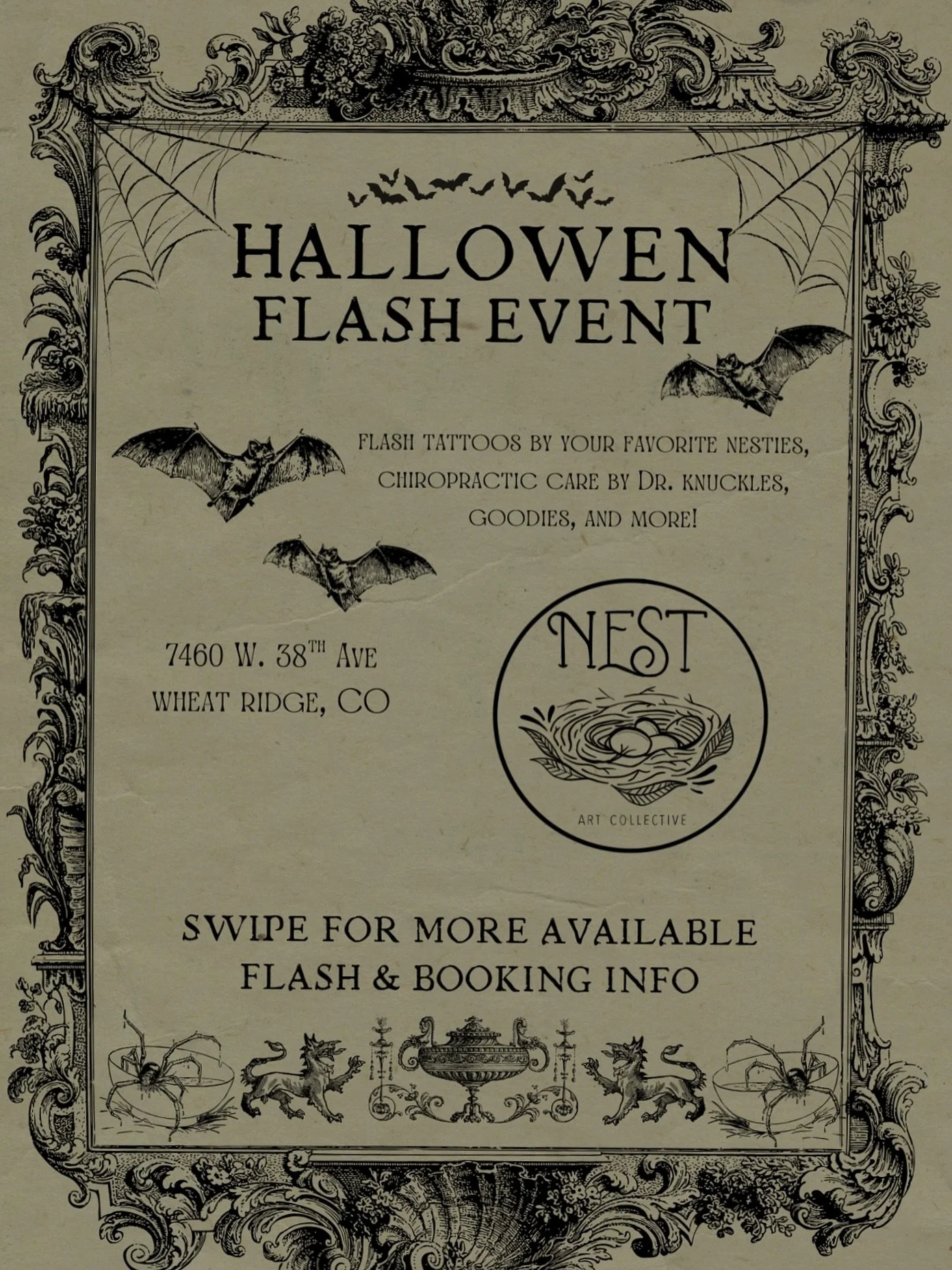 What better way to spend your Halloween than with your Nest besties! 🪺 Come hang out, get tattooed, eat some spooky treats! 🎃 

We&rsquo;ll be having an our big flash event on Friday the 31st but some artists are also doing the 29th/30th/31st. Visi