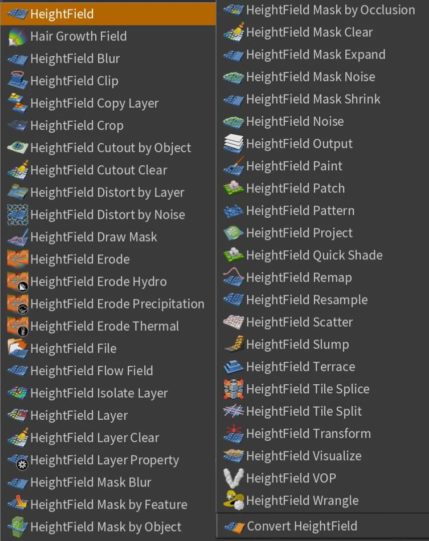 Full List of Height Field nodes in Houdini