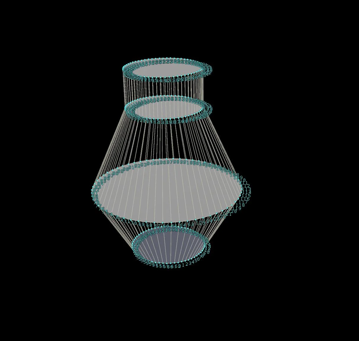 4 Circles making up the main shape of the bottle, 3D model (The first circle on the top is the 4th component, the extruded duplicate)