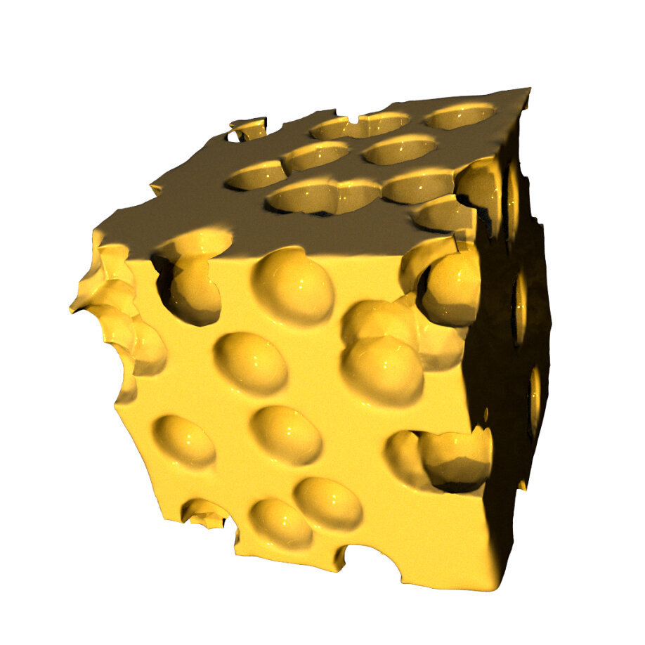 This is the result of the Houdini foreach loop from the right. Spheres are scattered all over the cube and the boolean SOP node does a subtract from the cube over and over again.
