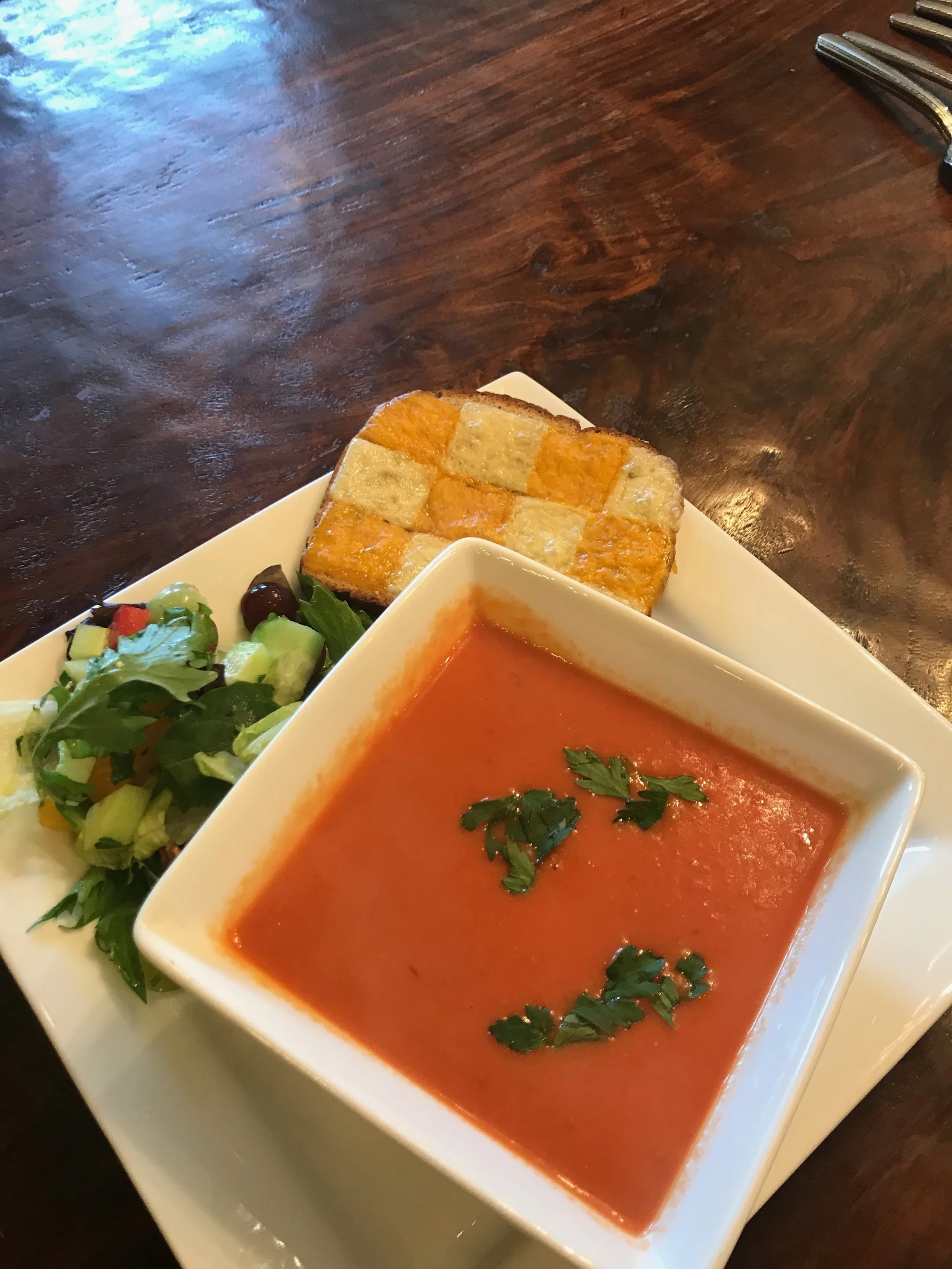 Spicy Tomato Soup and Striped Grilled Cheese