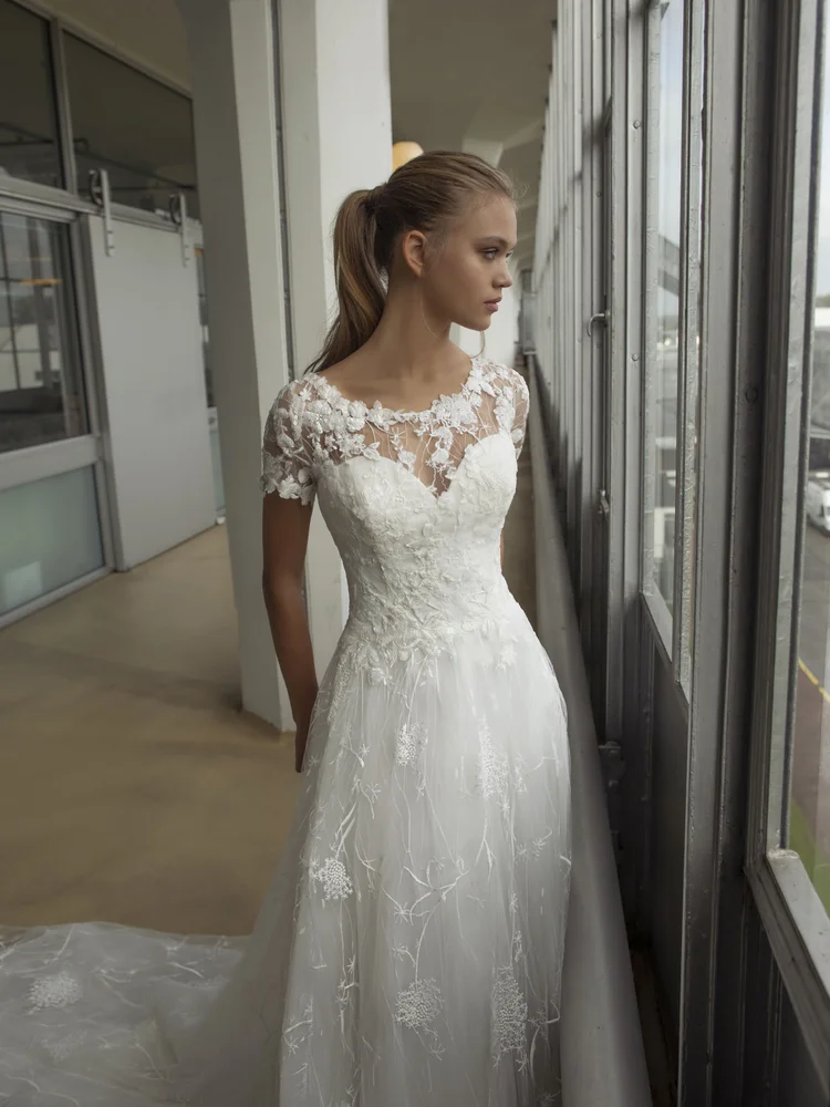 A-Line Sweetheart Court Champagne Satin Wedding Dress, Lace main image 1