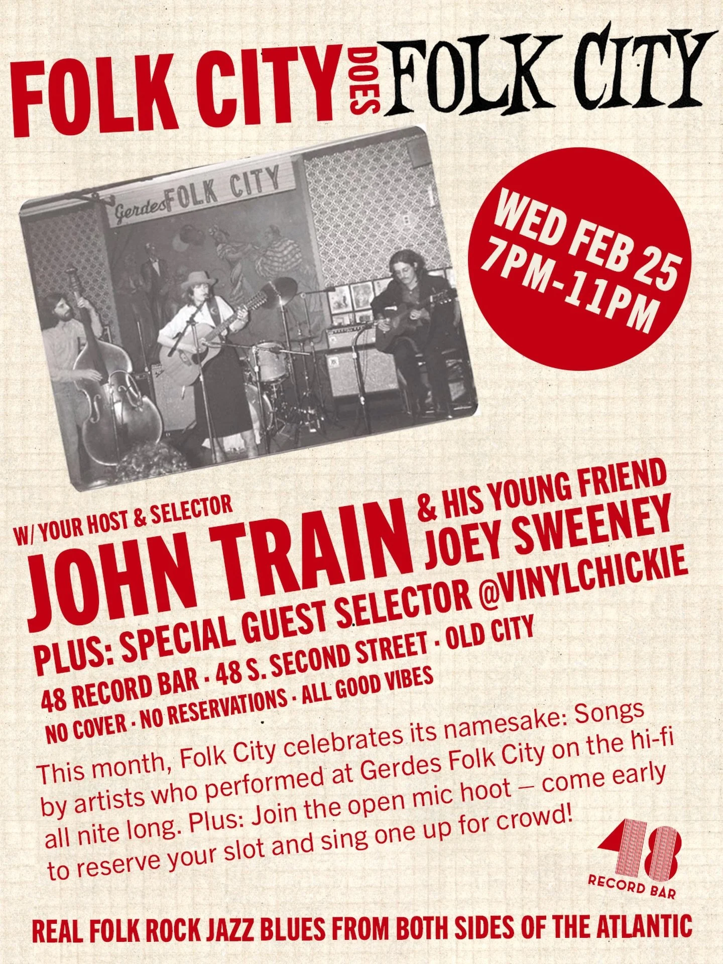 Ladies and gentlemen it&rsquo;s time for FOLK CITY!

This month:

- special guest selector @vinylchickie!

- the gang plays music from the amazing, multi-era, multi folk rock type genres of artists who all played the original Gerdes Folk City in NYC!