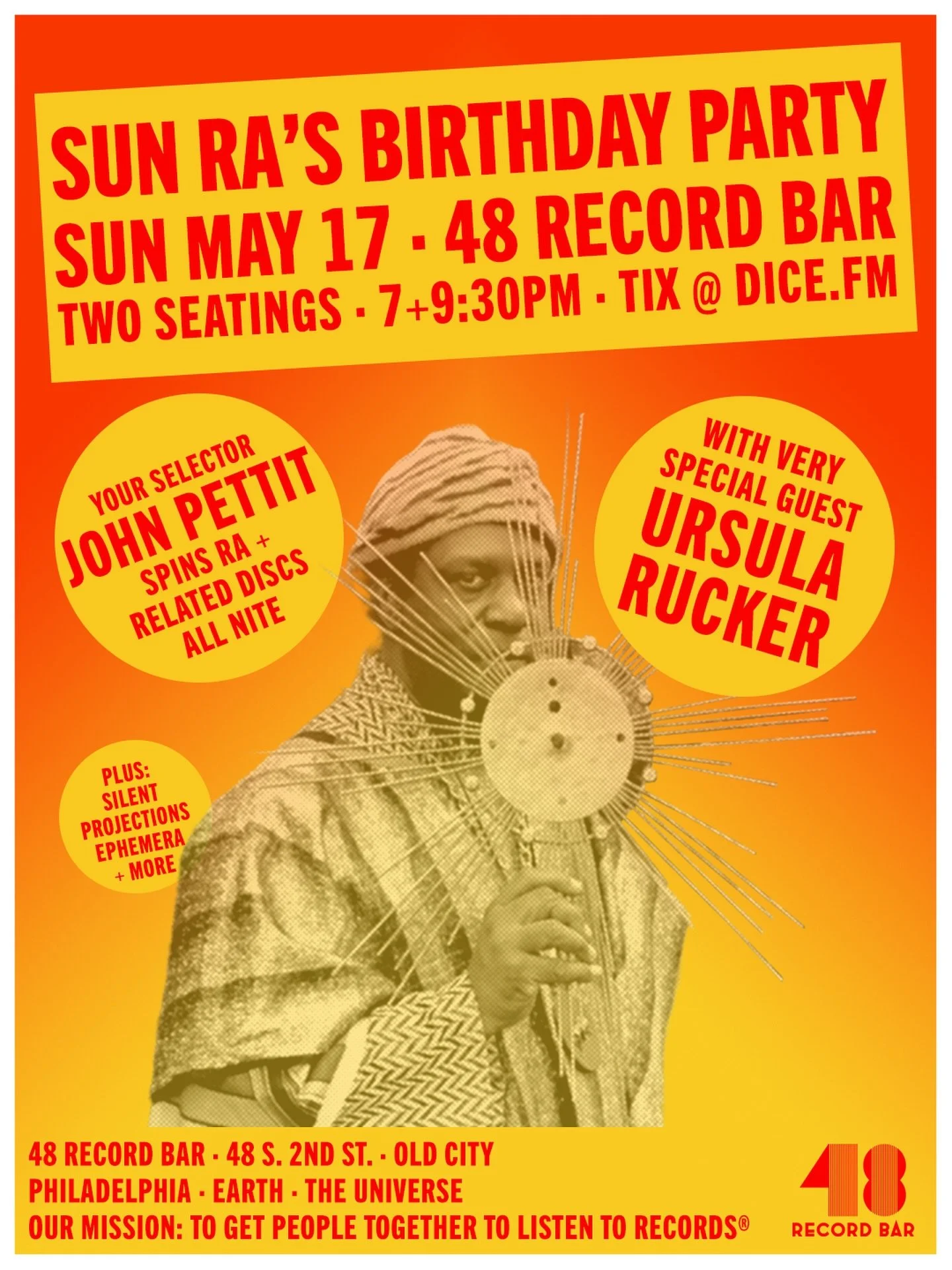 🎟️ Tickets available now via 🔗 in bio! 🎟️

Join us for this celebration of the 112th year of Sun Ra&rsquo;s arrival on our planet. John Pettit will be selecting Sun Ra and Sun Ra affiliated music (Other Arkestra members, Sun Ra influences, covers,