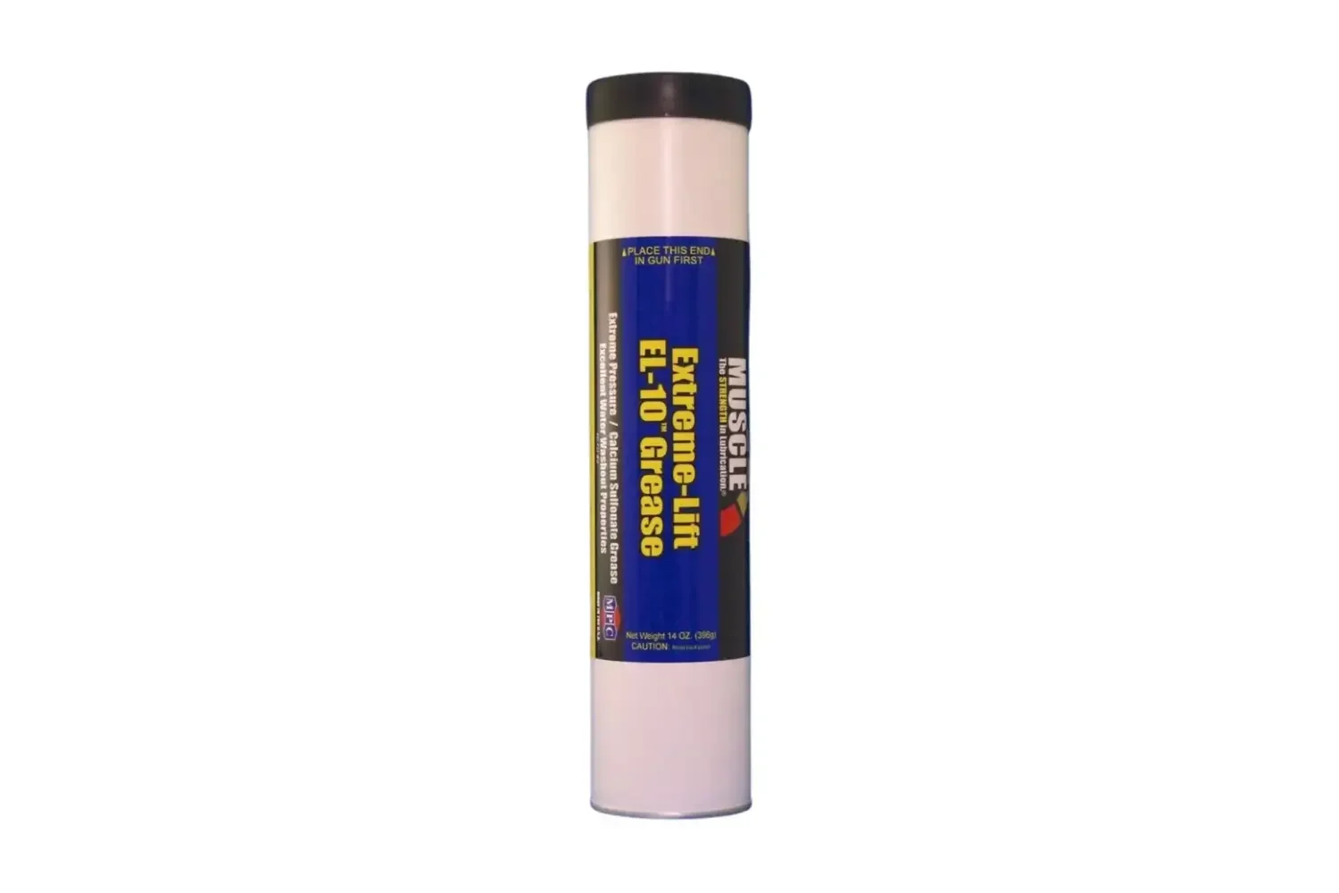 A Muscle Products Corp White and Blue Cartridge of Extreme-Lift EL-10™ Grease.
