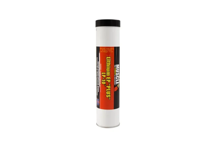 A Muscle Products Corp White and Red Cartridge of Lithium EP "PLUS" LP-10™ Grease.