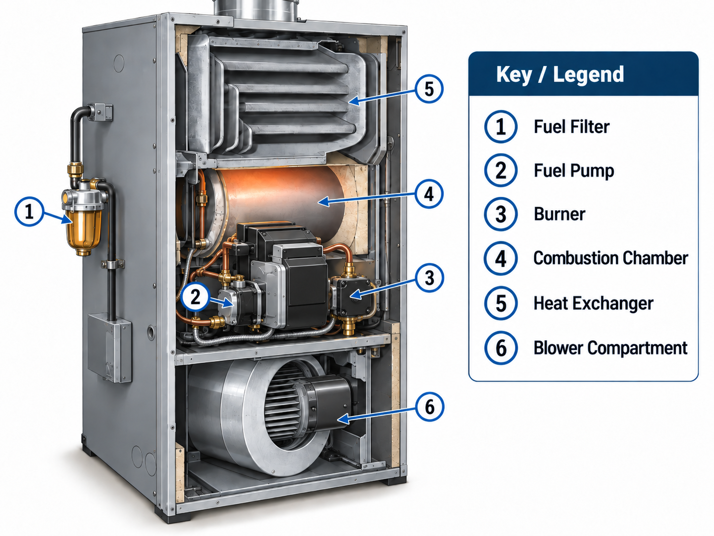 Oil furnace cutaway showing heat exchanger, burner, fuel pump, combustion chamber, fuel filter, and blower compartment.