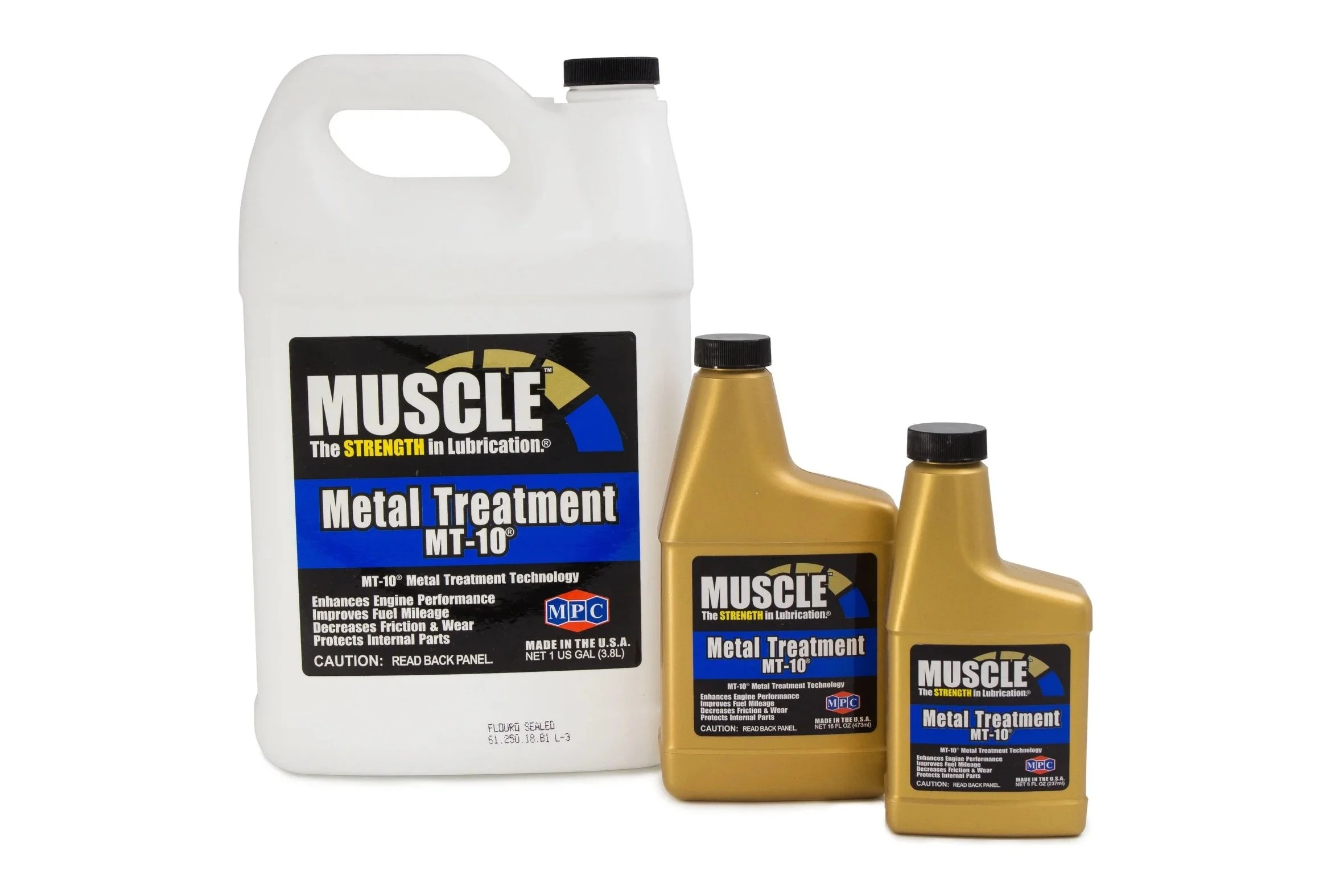 Metal Treatment MT-10® anti-friction lubricant additive in gallon, 16-oz and 8-oz containers