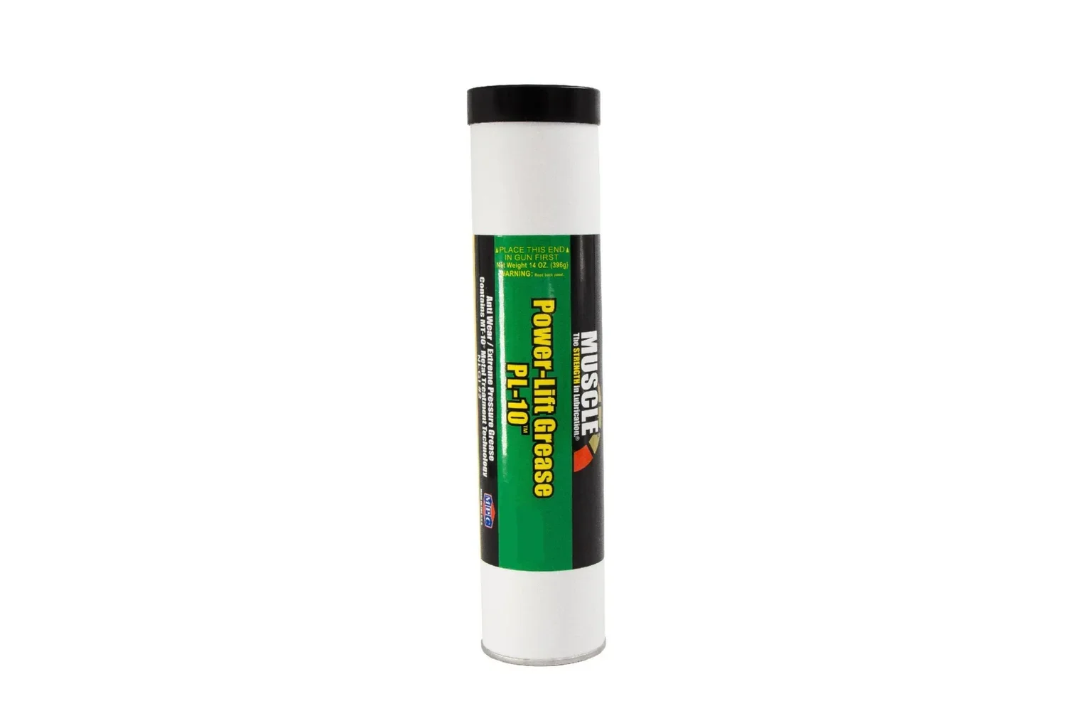 A Muscle Products Corp White and Green Cartridge of Power-Lift Grease PL-10™.