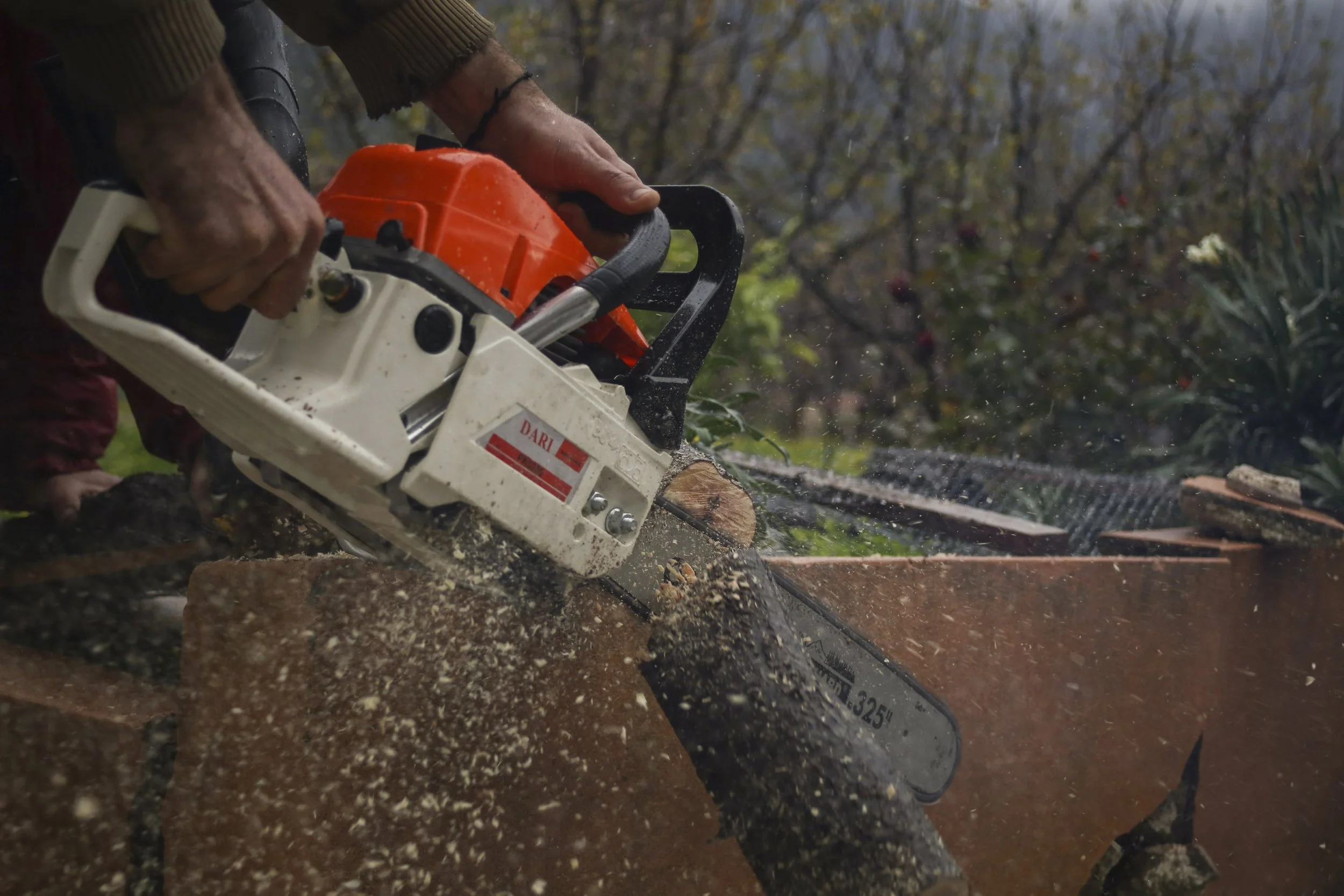 A person using a chainsaw to cut a tree branch, with sawdust flying around, set against an outdoor background with blurred trees.