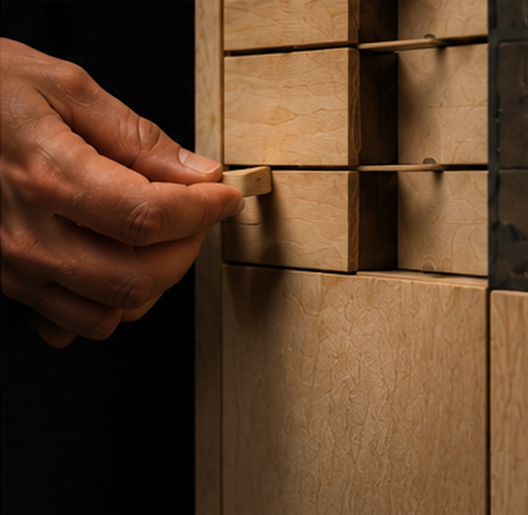 Close-up of a person’s hand inserting a wooden piece into a slot of a wooden puzzle or game.