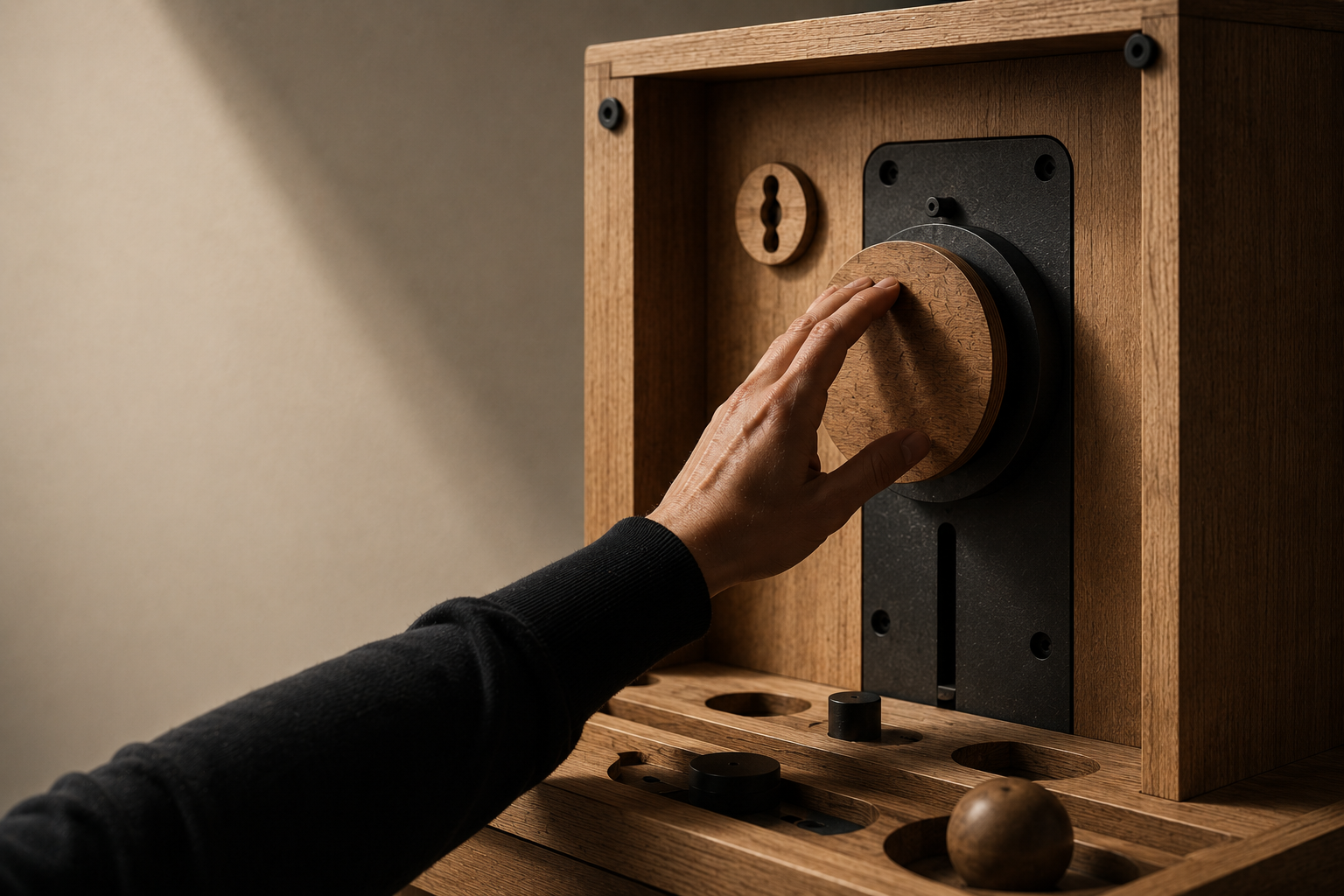 Tactile interactive object designed for museums, libraries, and public spaces featuring natural wood materials, physical interaction, and hands-on engagement.
