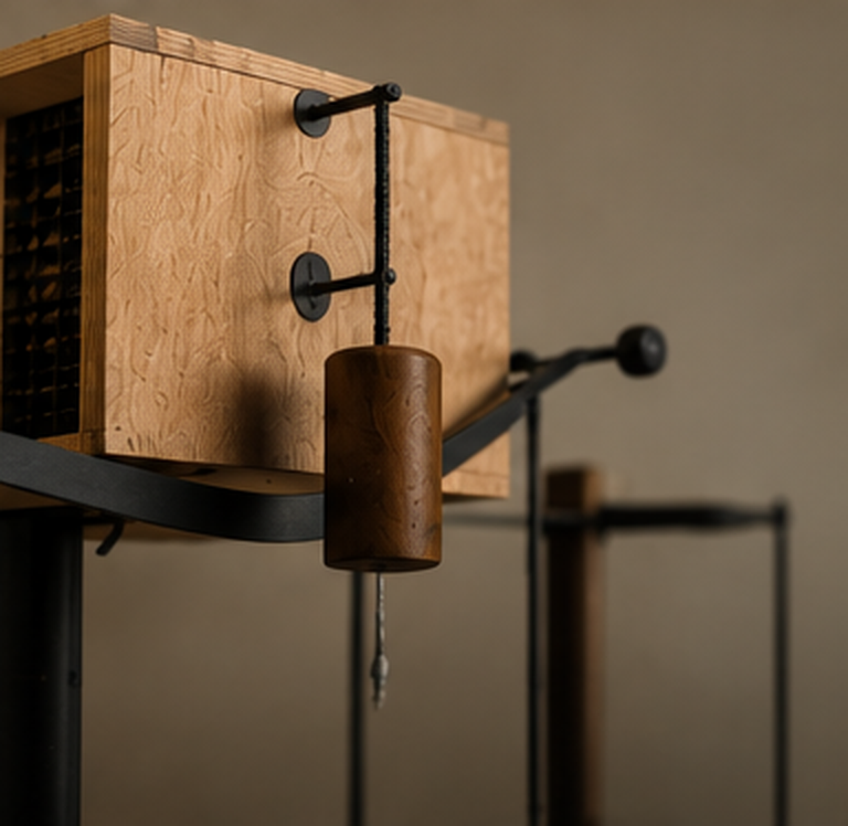 Close-up of a wooden cabinet with black metal hardware and a wooden cylindrical weight hanging from a rope, mounted on a black metal frame.