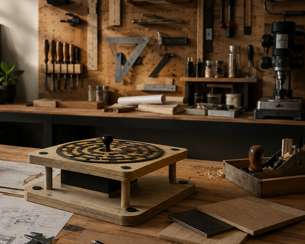 Function Studio workshop featuring prototype interactive exhibits, tools, drawings, and handcrafted materials.
