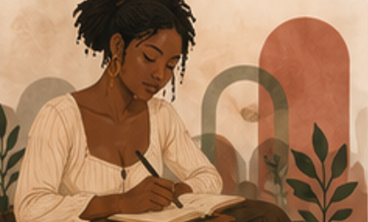A woman with short curly hair and large earrings writing in a notebook.