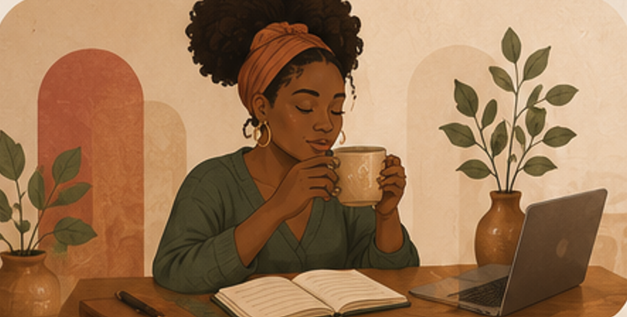 A woman with curly hair and a brown headband, wearing a green top, sits at a wooden desk with an open notebook, a pen, a laptop, and holds a mug in both hands, with plants in the background.
