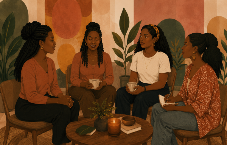 Four women sit in a circle chatting and drinking tea in a cozy room with warm-colored wall art and plants, one woman is taking notes.