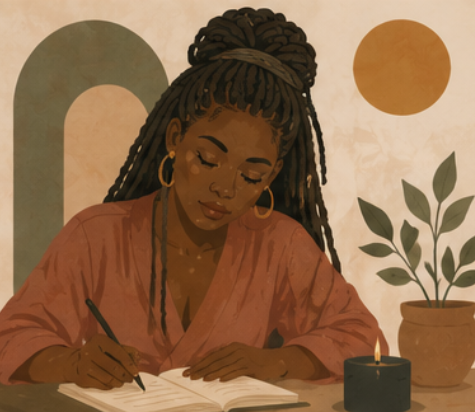 Woman with braided hair and hoop earrings writing in a notebook at a table with a lit candle and potted plant.