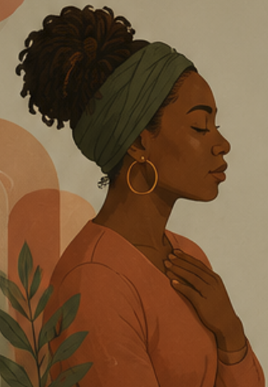 Illustration of a Black woman with natural hair in dreadlocks, wearing a green head covering, gold hoop earrings, and a peach-colored top, with her eyes closed and hand on her chest.