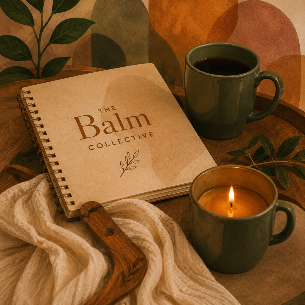 A cozy scene with an open notebook titled 'The Balm Collective,' a lit candle, a mug of coffee, another mug, and green leaves on a wooden surface.