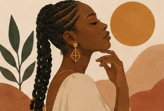 Illustration of a woman with braided hair and jewelry, in a natural landscape with large sun and mountain shapes.