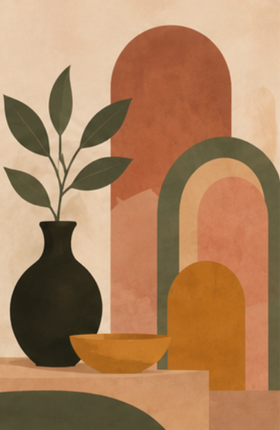 Abstract artwork featuring a black vase with green leaves, a yellow bowl, and geometric arch shapes in muted earth tones.
