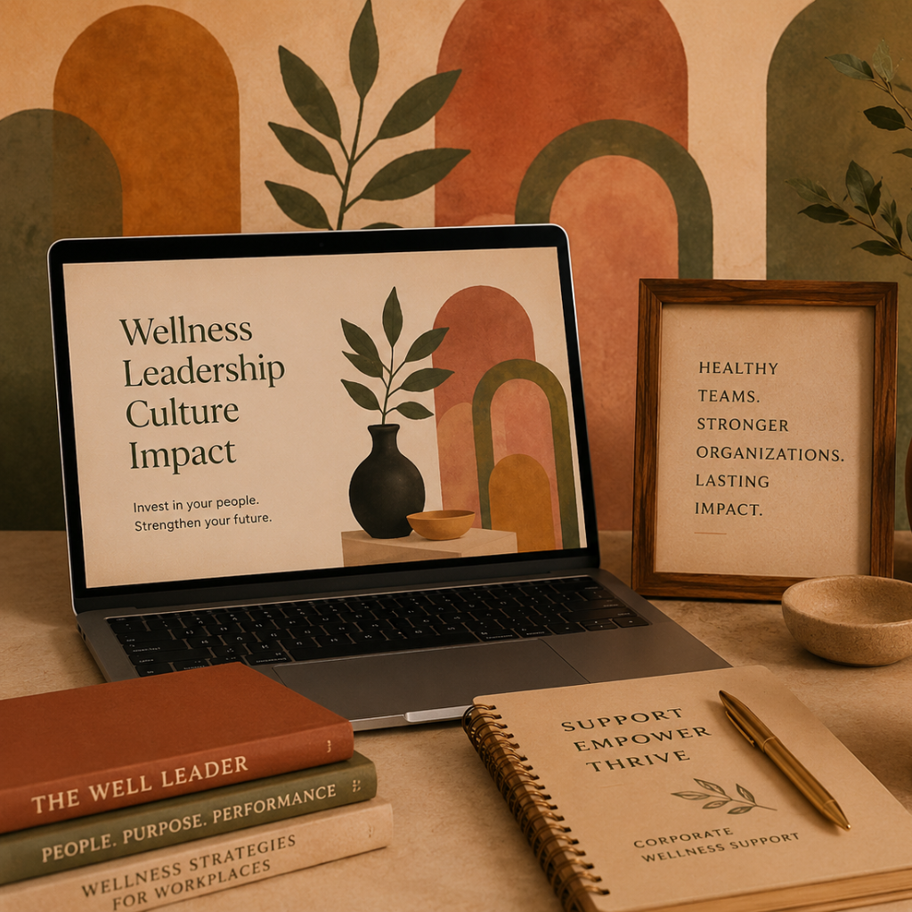 A workspace with a laptop, books about leadership and wellness, a notebook with the words "Support Empower Thrive," a pen, a framed text about healthy teams and organizations, a bowl, and decorative greenery, all set against a background with abstract arches and leaves.