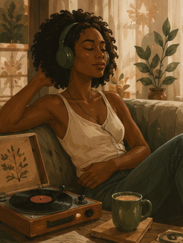 A woman with curly hair and headphones relaxing on a couch, listening to music with her eyes closed, in a cozy room with plants and sunlight streaming through curtains. There is a record player and a coffee mug nearby.