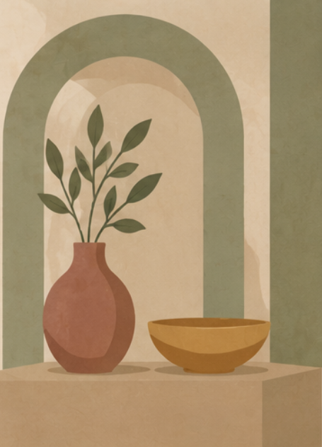 A minimalist illustration of a vase with green leaves and a shallow bowl on a shelf, with an arched background.