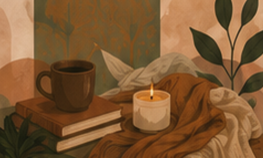 Cozy scene with a brown mug, a lit candle, books, a bed with white and brown blankets, and green houseplants.